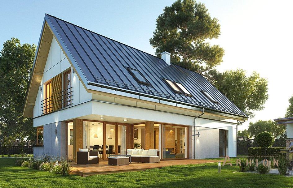 2. Проект одноэтажного дома в европейском стиле с двускатной кровлей, mp-068, площадью - 259 кв c мансардой, терассой, гаражом, вторым светом