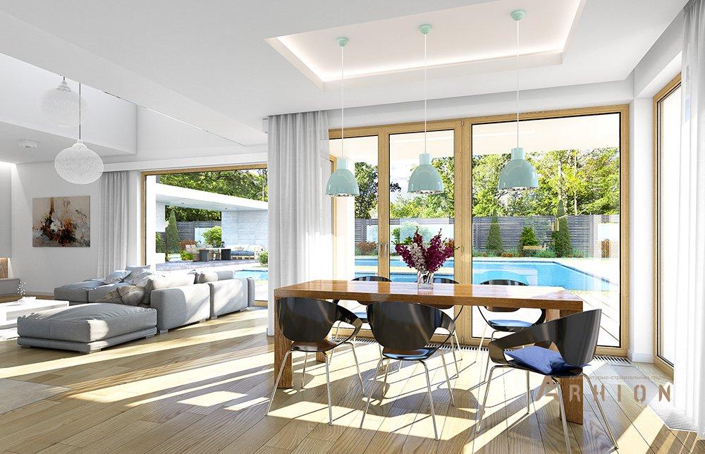 5. Проект одноэтажного дома в европейском стиле с двускатной кровлей, mp-068, площадью - 259 кв c мансардой, терассой, гаражом, вторым светом