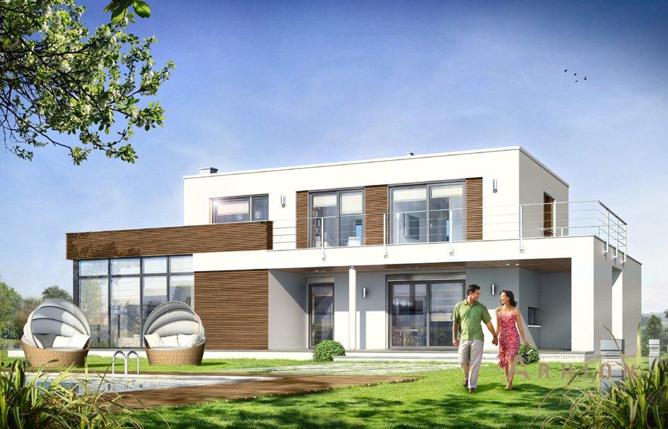 2. Проект двухэтажного дома в стиле минимализм с плоской кровлей , mp-069, площадью - 288 кв c терассой, гаражом