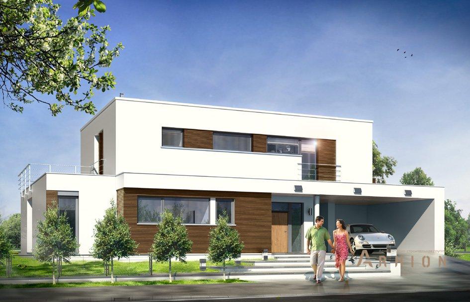 1. Проект двухэтажного дома в стиле минимализм с плоской кровлей , mp-069, площадью - 288 кв c терассой, гаражом