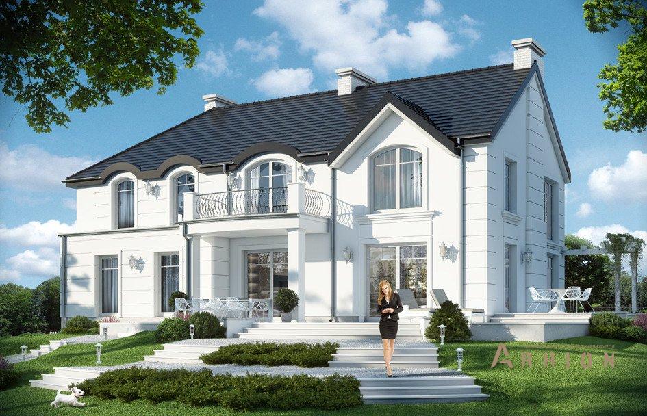 4. Проект одноэтажного дома в американском стиле с двускатной кровлей, mp-070, площадью - 407 кв c цокольным этажом, мансардой, сауной, терассой, балконом, гаражом, вторым светом