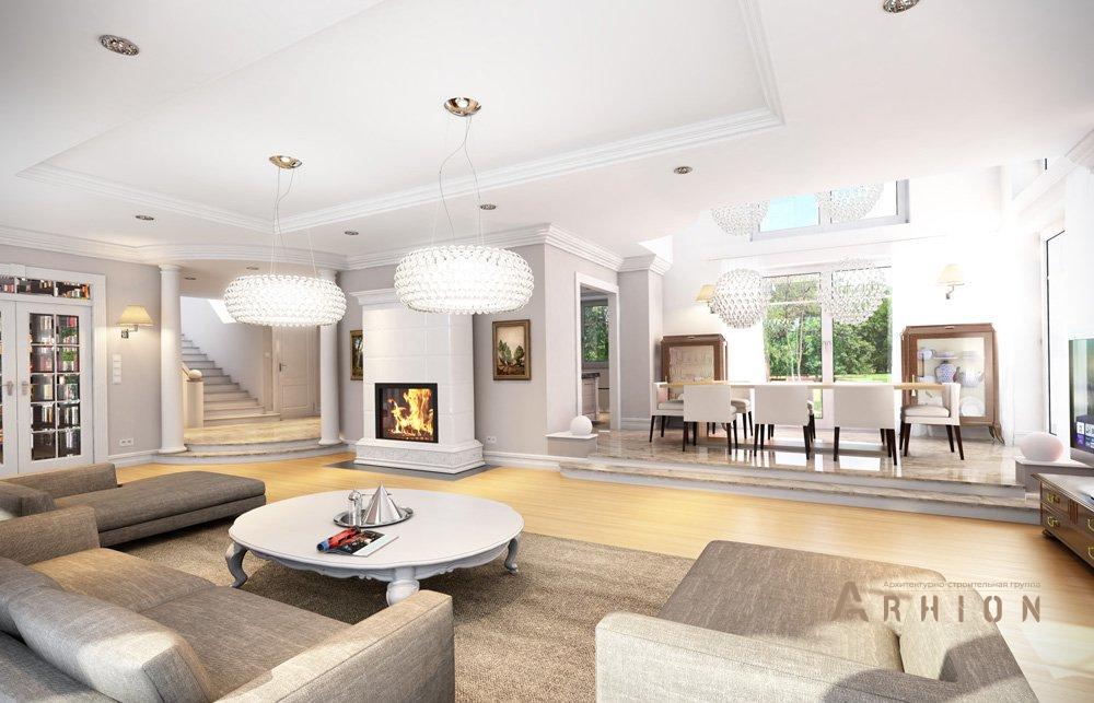 3. Проект одноэтажного дома в американском стиле с двускатной кровлей, mp-070, площадью - 407 кв c цокольным этажом, мансардой, сауной, терассой, балконом, гаражом, вторым светом