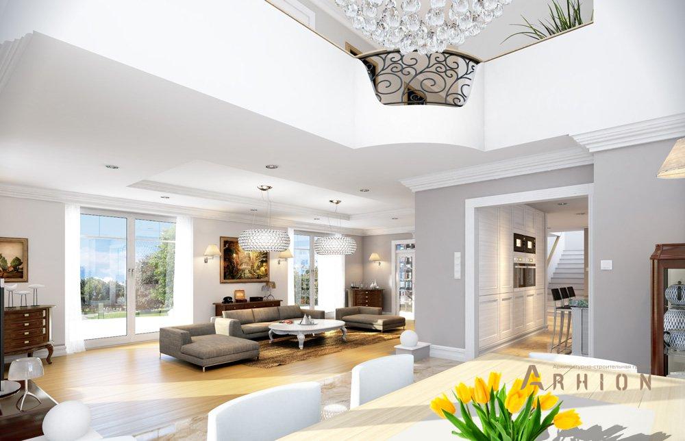 6. Проект одноэтажного дома в американском стиле с двускатной кровлей, mp-070, площадью - 407 кв c цокольным этажом, мансардой, сауной, терассой, балконом, гаражом, вторым светом