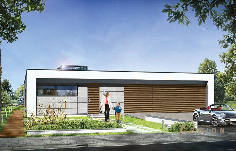 1. Проект одноэтажного дома в стиле минимализм с плоской кровлей , mp-071, площадью - 369 кв c терассой, гаражом