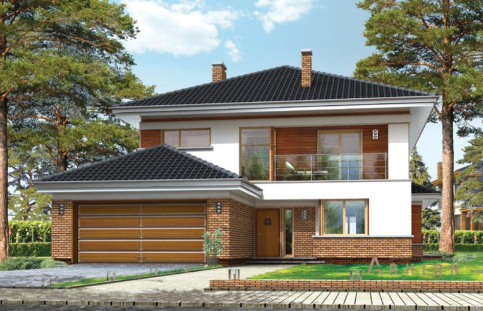 1. Проект двухэтажного дома в современном стиле с четырехскатной, mp-072, площадью - 325 кв c сауной, терассой, балконом, гаражом, эркером, вторым светом