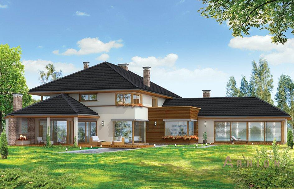 5. Проект двухэтажного дома в современном стиле с четырехскатной, mp-074, площадью - 597 кв c сауной, терассой, балконом, гаражом, бассейном, вторым светом