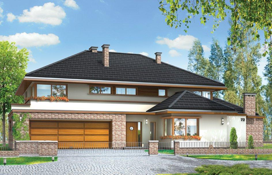 1. Проект двухэтажного дома в современном стиле с четырехскатной, mp-074, площадью - 597 кв c сауной, терассой, балконом, гаражом, бассейном, вторым светом