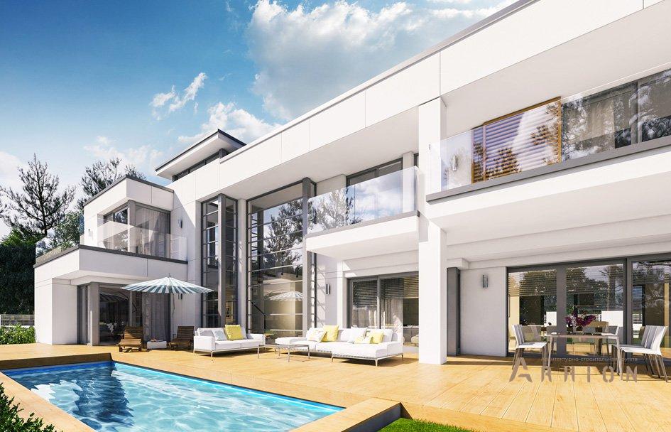 8. Проект двухэтажного дома в стиле хай-тек с четырехскатной, mp-075, площадью - 428 кв c сауной, терассой, балконом, гаражом, эркером, вторым светом