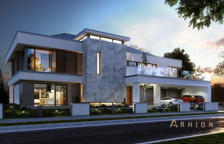 6. Проект двухэтажного дома в стиле хай-тек с четырехскатной, mp-075, площадью - 428 кв c сауной, терассой, балконом, гаражом, эркером, вторым светом