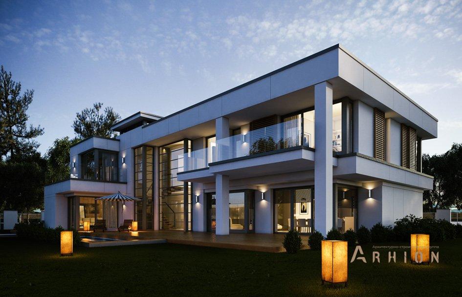 9. Проект двухэтажного дома в стиле хай-тек с четырехскатной, mp-075, площадью - 428 кв c сауной, терассой, балконом, гаражом, эркером, вторым светом