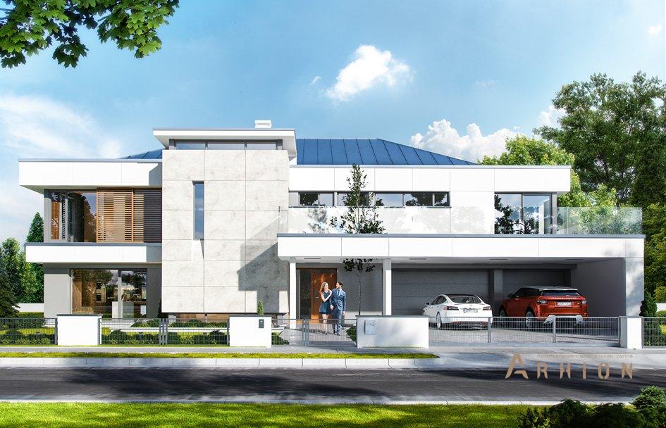 1. Проект двухэтажного дома в стиле хай-тек с четырехскатной, mp-075, площадью - 428 кв c сауной, терассой, балконом, гаражом, эркером, вторым светом