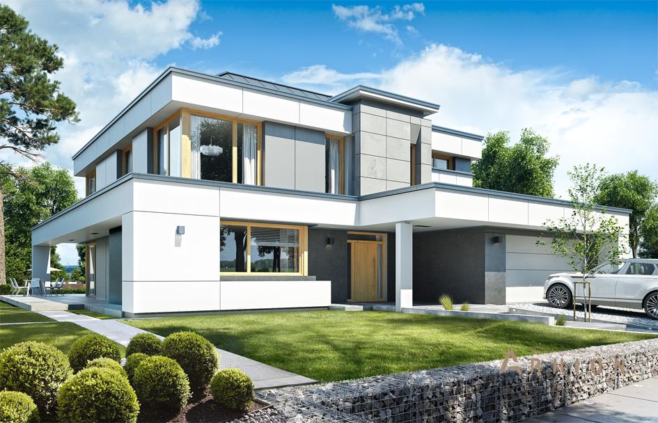 5. Проект двухэтажного дома в стиле хай-тек с многоскатной кровлей, mp-077, площадью - 367 кв c терассой, балконом, гаражом