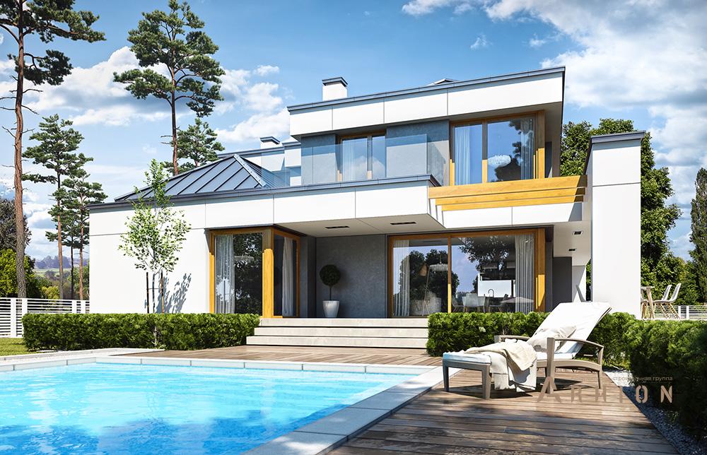 8. Проект двухэтажного дома в стиле хай-тек с многоскатной кровлей, mp-077, площадью - 367 кв c терассой, балконом, гаражом