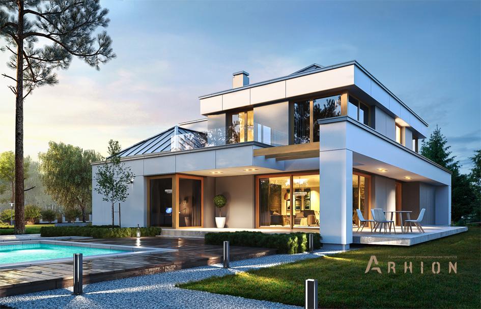 4. Проект двухэтажного дома в стиле хай-тек с многоскатной кровлей, mp-077, площадью - 367 кв c терассой, балконом, гаражом