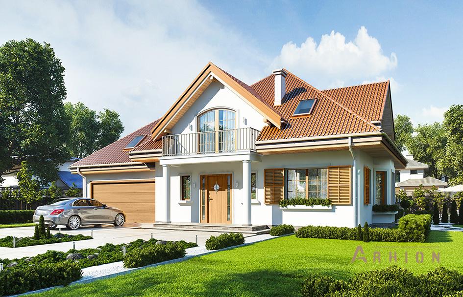 1. Проект одноэтажного дома в прованском стиле с четырехскатной, mp-078, площадью - 240 кв c мансардой, терассой, балконом, гаражом, эркером