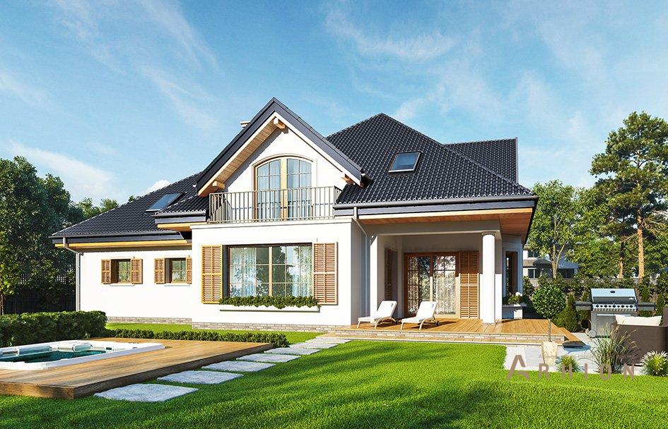 4. Проект одноэтажного дома в прованском стиле с четырехскатной, mp-079, площадью - 210 кв c мансардой, терассой, балконом, гаражом, эркером