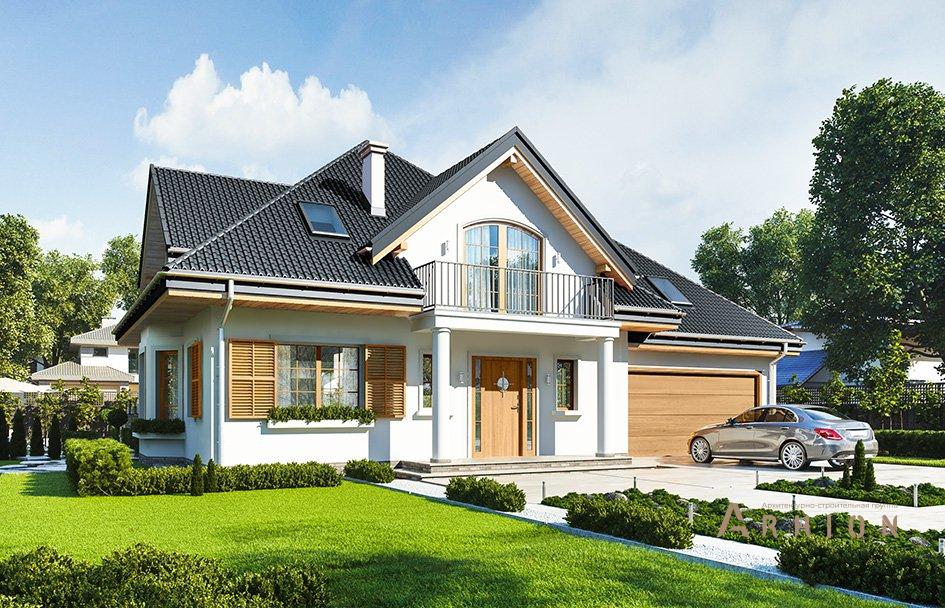 1. Проект одноэтажного дома в прованском стиле с четырехскатной, mp-079, площадью - 210 кв c мансардой, терассой, балконом, гаражом, эркером