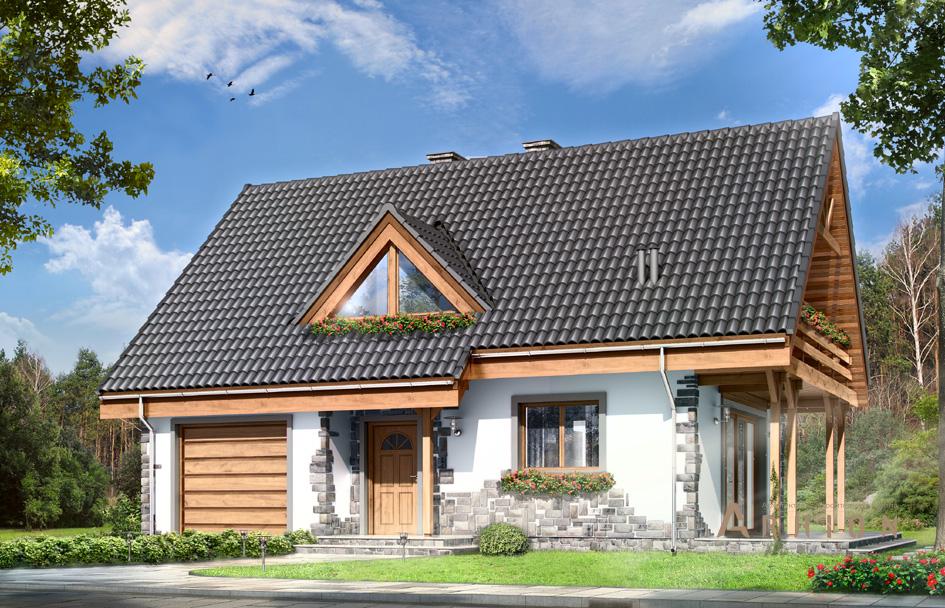 1. Проект одноэтажного дома в канадском стиле с двускатной кровлей, mp-082, площадью - 138 кв c мансардой, терассой, балконом, гаражом