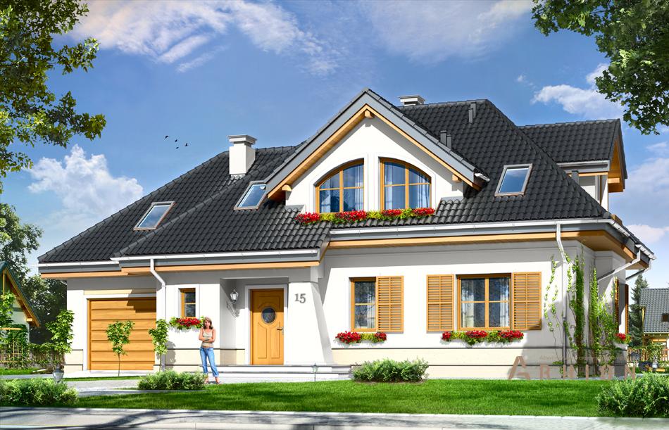 1. Проект одноэтажного дома в прованском стиле с многоскатной кровлей, mp-083, площадью - 228 кв c мансардой, терассой, балконом, гаражом, эркером