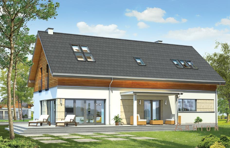 5. Проект одноэтажного дома в финском стиле с двускатной кровлей, mp-087, площадью - 303 кв c мансардой, терассой, гаражом