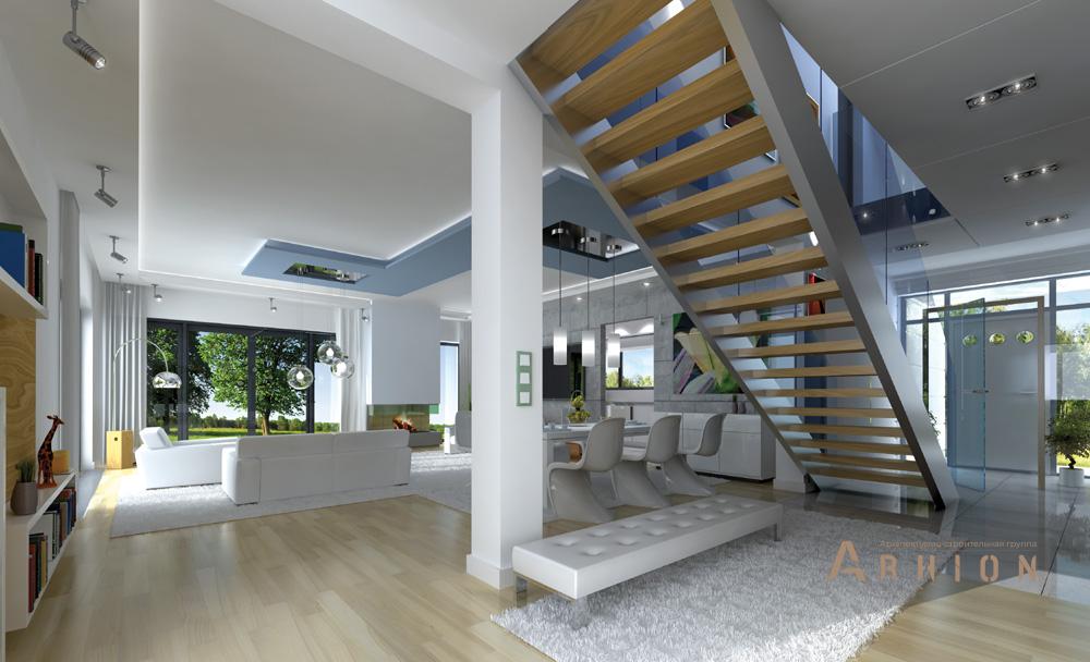 2. Проект одноэтажного дома в финском стиле с двускатной кровлей, mp-087, площадью - 303 кв c мансардой, терассой, гаражом