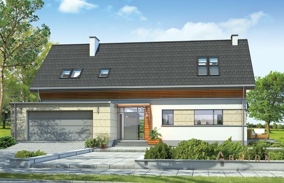 1. Проект одноэтажного дома в финском стиле с двускатной кровлей, mp-087, площадью - 303 кв c мансардой, терассой, гаражом