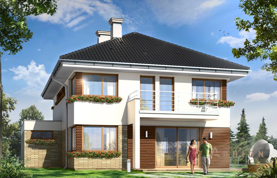 2. Проект двухэтажного дома в современном стиле с четырехскатной, mp-106, площадью - 259 кв c терассой, балконом, гаражом, эркером