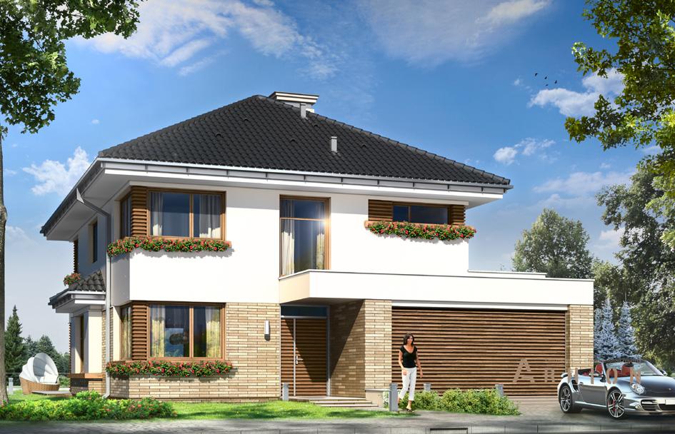 1. Проект двухэтажного дома в современном стиле с четырехскатной, mp-106, площадью - 259 кв c терассой, балконом, гаражом, эркером