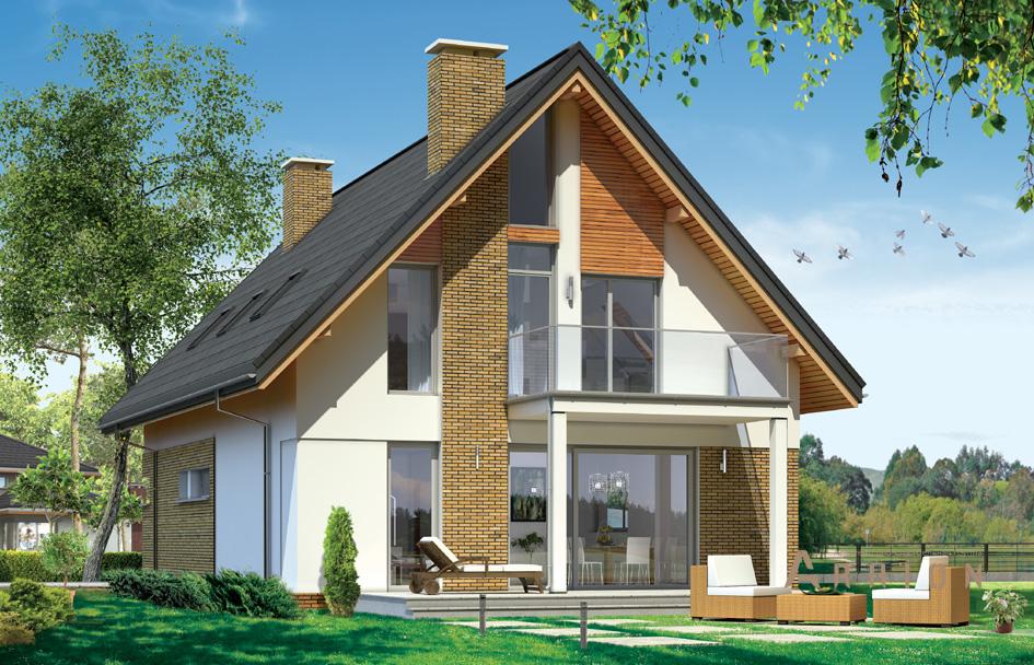 2. Проект одноэтажного дома в европейском стиле с двускатной кровлей, mp-108, площадью - 197 кв c мансардой, терассой, балконом