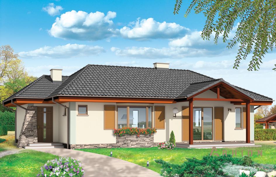 1. Проект одноэтажного дома в европейском стиле с четырехскатной, mp-114, площадью - 144 кв c терассой, эркером