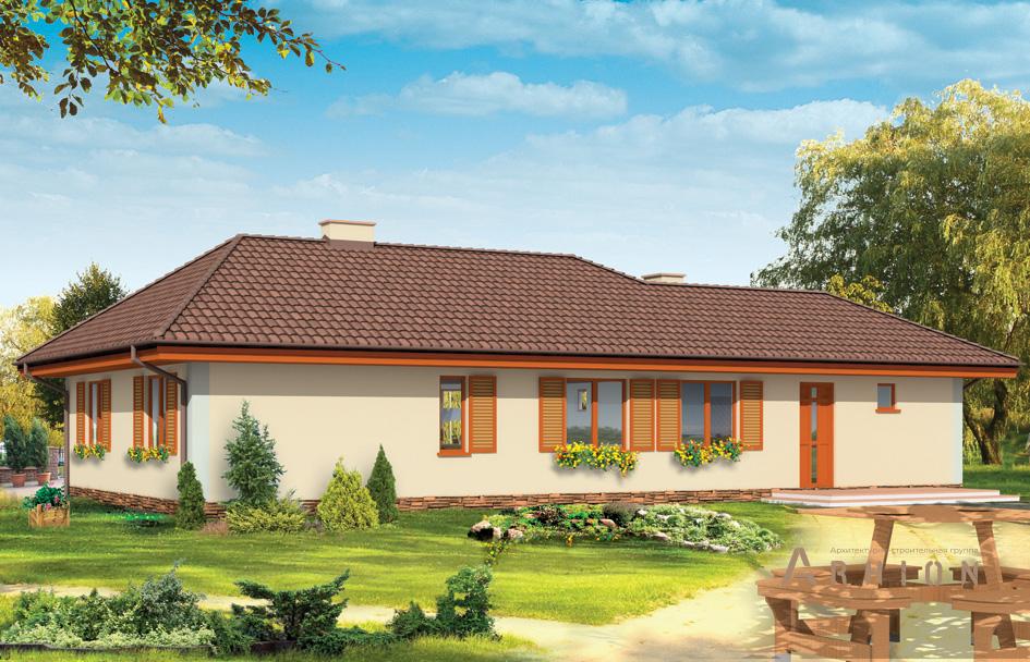 2. Проект одноэтажного дома в прованском стиле с многоскатной кровлей, mp-115, площадью - 166 кв c терассой, гаражом, эркером