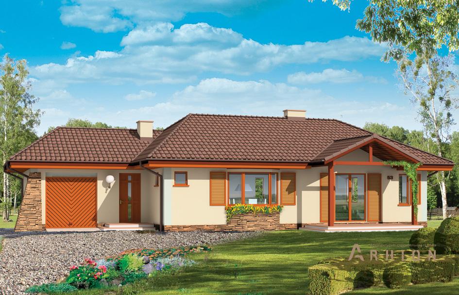 1. Проект одноэтажного дома в прованском стиле с многоскатной кровлей, mp-115, площадью - 166 кв c терассой, гаражом, эркером