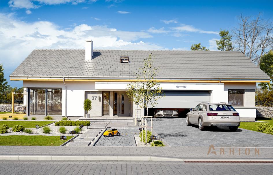 5. Проект одноэтажного дома в канадском стиле с двускатной кровлей, mp-120, площадью - 207 кв c терассой, гаражом