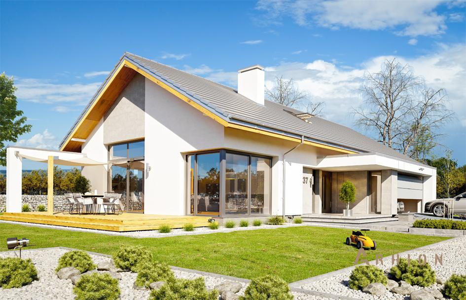 2. Проект одноэтажного дома в канадском стиле с двускатной кровлей, mp-120, площадью - 207 кв c терассой, гаражом