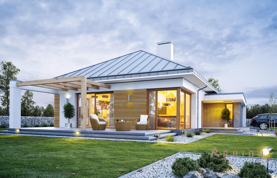 4. Проект одноэтажного дома в современном стиле с четырехскатной, mp-121, площадью - 207 кв c терассой, гаражом