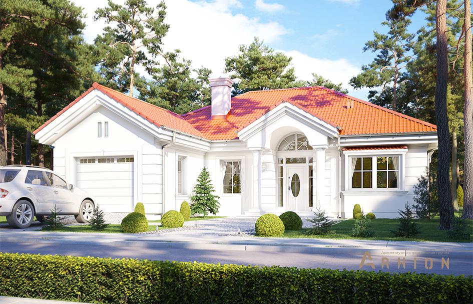 1. Проект одноэтажного дома в европейском стиле с четырехскатной, mp-126, площадью - 170 кв c терассой, гаражом