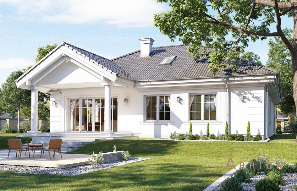 2. Проект одноэтажного дома в американском стиле с многоскатной кровлей, mp-127, площадью - 199 кв c терассой, гаражом, вторым светом