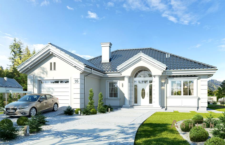 1. Проект одноэтажного дома в американском стиле с четырехскатной, mp-128, площадью - 199 кв c мансардой, терассой, гаражом, вторым светом