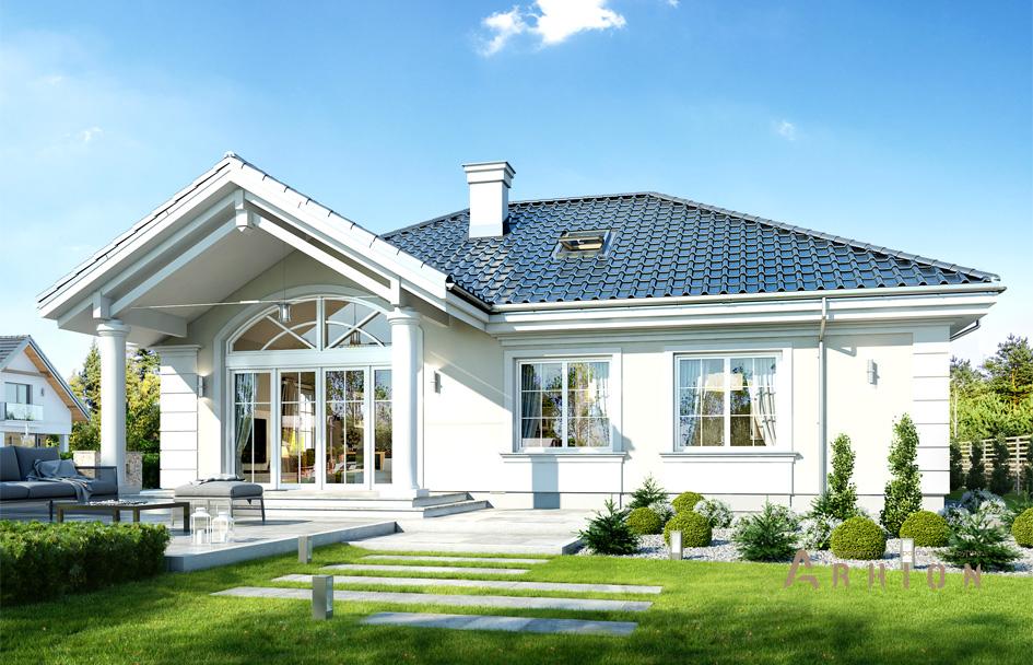 2. Проект одноэтажного дома в американском стиле с четырехскатной, mp-128, площадью - 199 кв c мансардой, терассой, гаражом, вторым светом