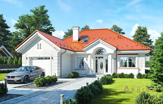 1. Проект одноэтажного дома в европейском стиле с четырехскатной, mp-129, площадью - 212 кв c мансардой, терассой, гаражом