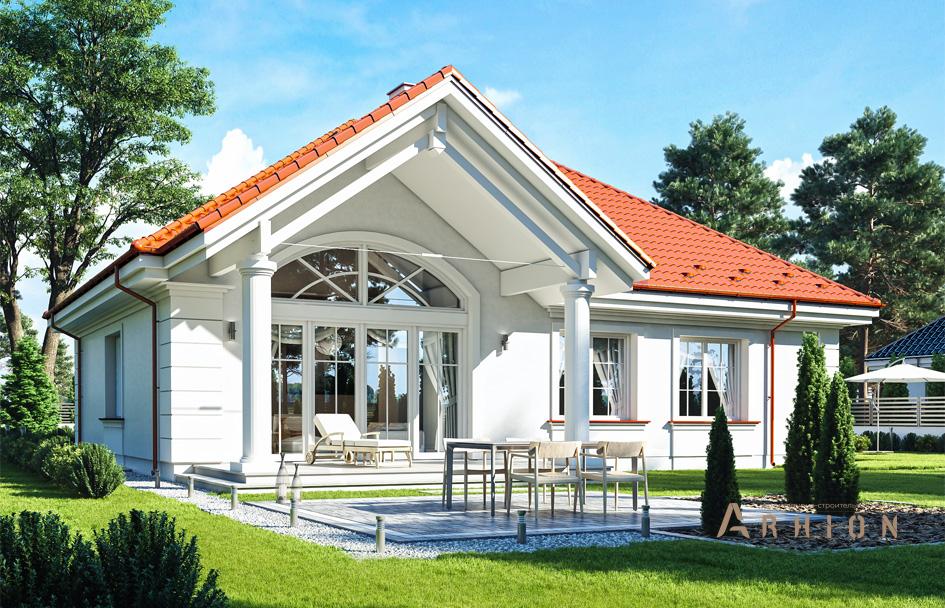 2. Проект одноэтажного дома в европейском стиле с четырехскатной, mp-129, площадью - 212 кв c мансардой, терассой, гаражом