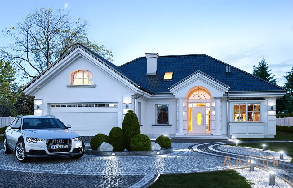 1. Проект одноэтажного дома в современном классическом стиле с многоскатной кровлей, mp-130, площадью - 219 кв c мансардой, терассой, гаражом