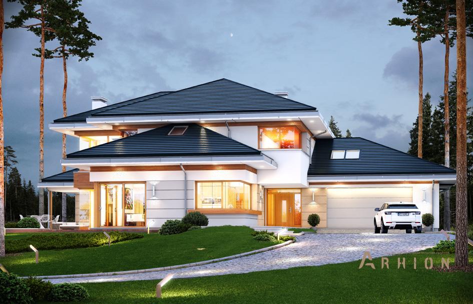 3. Проект двухэтажного дома в стиле Ллойда Райта (прерий) с многоскатной кровлей, mp-133, площадью - 432 кв c терассой, гаражом, вторым светом