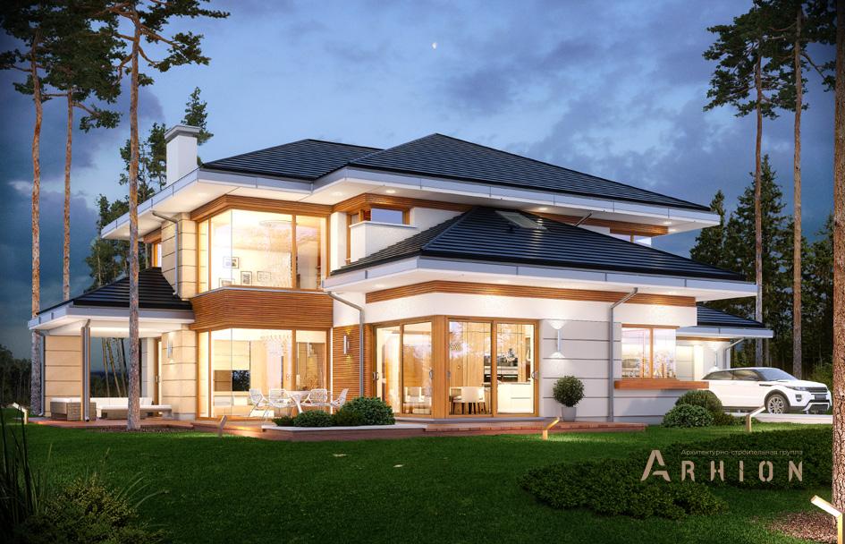 7. Проект двухэтажного дома в стиле Ллойда Райта (прерий) с многоскатной кровлей, mp-133, площадью - 432 кв c терассой, гаражом, вторым светом