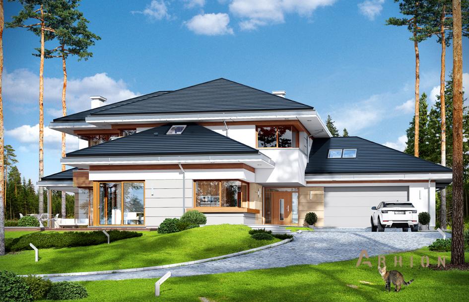 1. Проект двухэтажного дома в стиле Ллойда Райта (прерий) с многоскатной кровлей, mp-133, площадью - 432 кв c терассой, гаражом, вторым светом