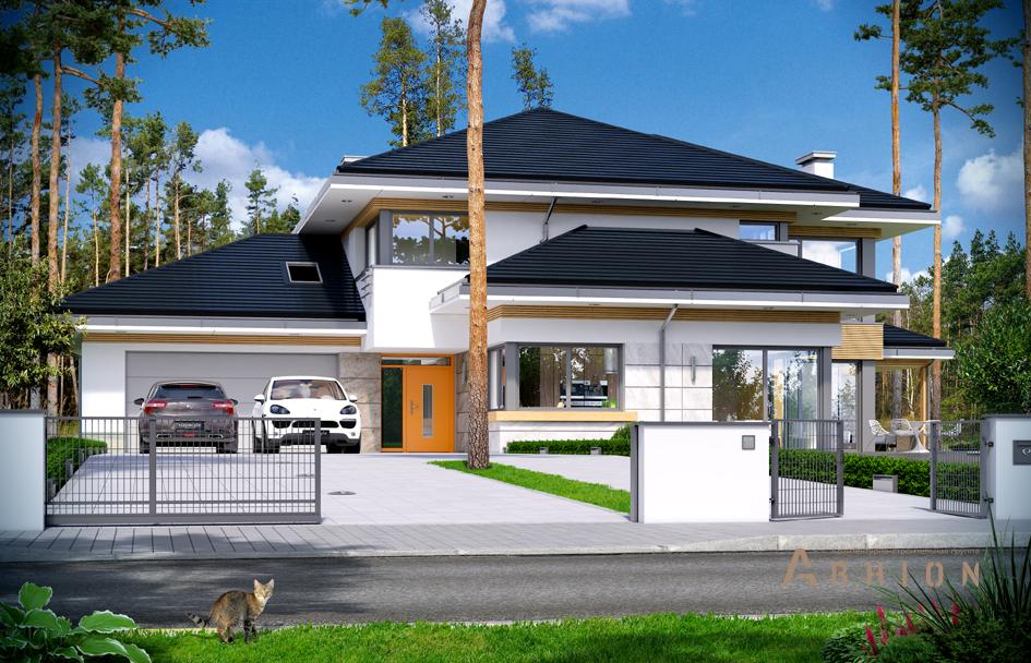 3. Проект двухэтажного дома в современном стиле с четырехскатной, mp-134, площадью - 278 кв c терассой, гаражом, вторым светом