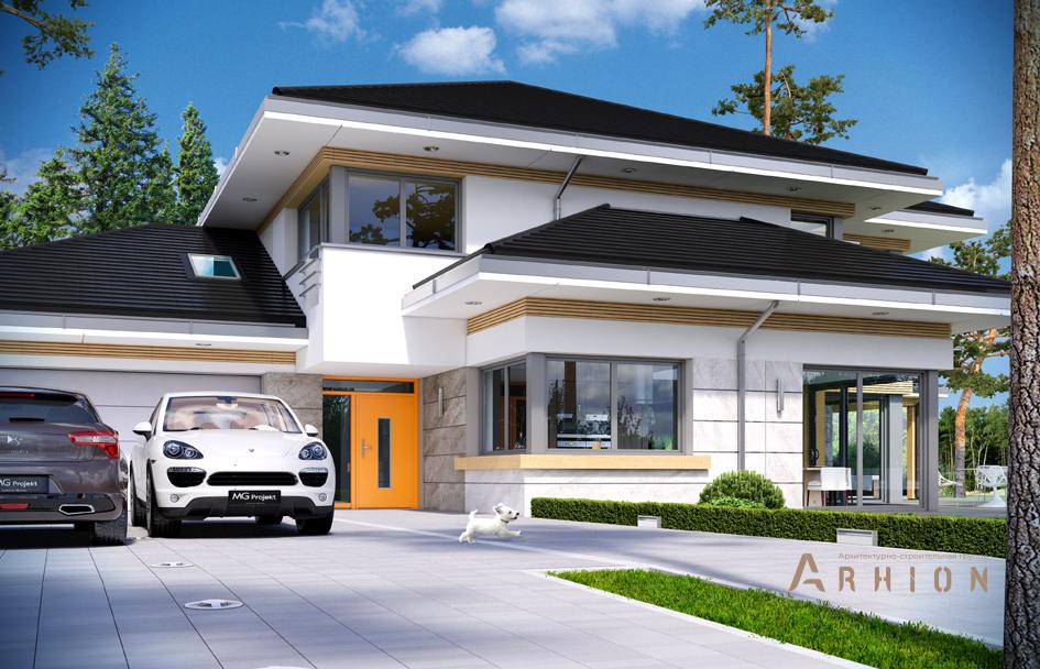 4. Проект двухэтажного дома в современном стиле с четырехскатной, mp-134, площадью - 278 кв c терассой, гаражом, вторым светом