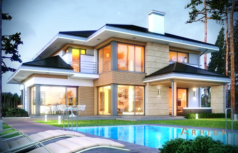 2. Проект двухэтажного дома в современном стиле с четырехскатной, mp-134, площадью - 278 кв c терассой, гаражом, вторым светом