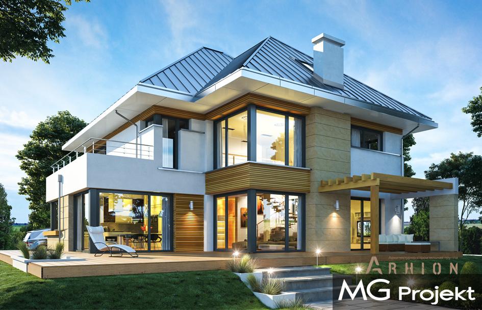 11. Проект одноэтажного дома в современном стиле с многоскатной кровлей, mp-135, площадью - 399 кв c мансардой, терассой, балконом, гаражом, вторым светом