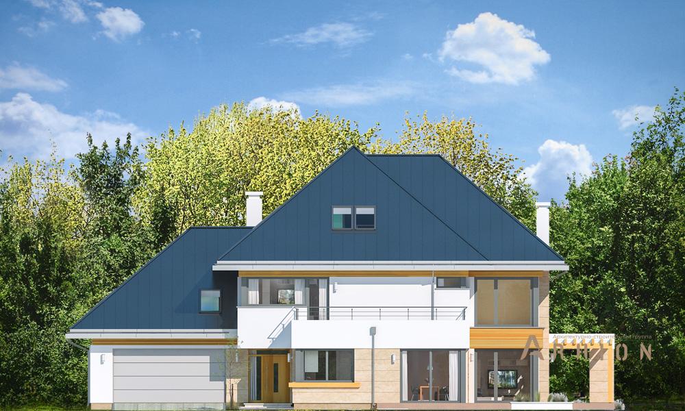 6. Проект одноэтажного дома в современном стиле с многоскатной кровлей, mp-135, площадью - 399 кв c мансардой, терассой, балконом, гаражом, вторым светом